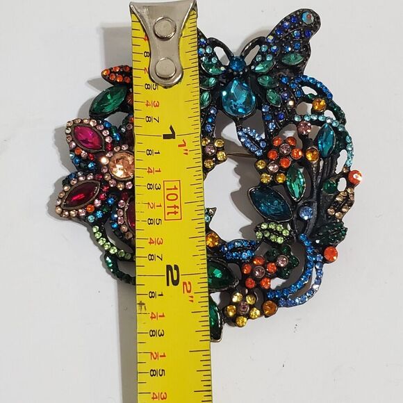 Colorful Rhinestone Flower Butterfly Brooch Pin 2" circle party - Picture 7 of 7